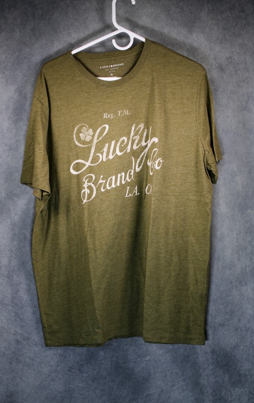 Lucky Brand Men XL Olive Green Distressed Logo Graphic Tee T-Shirt L.A. CA